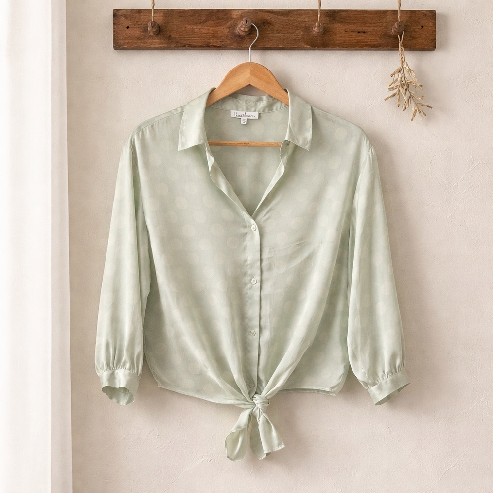 Cloud Chaser Light Sage Tie-Front Button Down Blouse